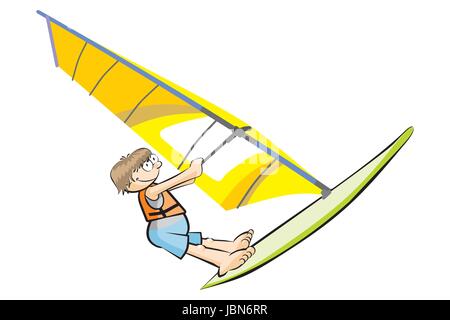 Windsurfing cartoon isolated on white. Conceptual vector illustration. Stock Vector