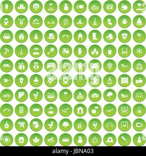 100 kindergarten icons set green circle isolated on white background vector illustration Stock Vector