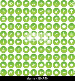 100 live nature icons set green circle isolated on white background vector illustration Stock Vector