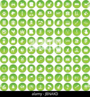 100 pets icons set green circle isolated on white background vector illustration Stock Vector