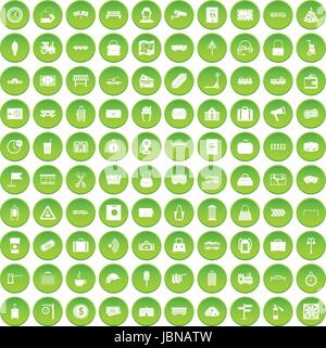 100 railway icons set green circle isolated on white background vector illustration Stock Vector