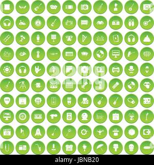 100 show business icons set green circle isolated on white background vector illustration Stock Vector