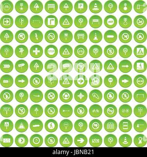 100 road signs icons set green circle isolated on white background vector illustration Stock Vector