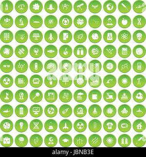 100 space technology icons set green circle isolated on white background vector illustration Stock Vector