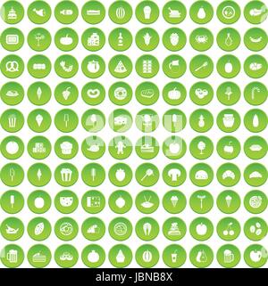 100 tasty food icons set green circle isolated on white background vector illustration Stock Vector