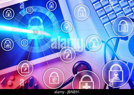 Diagram of protection in diverse fields of medicine in the network with desk and useful medical and computer. Top view. Horizontal composition. Stock Photo