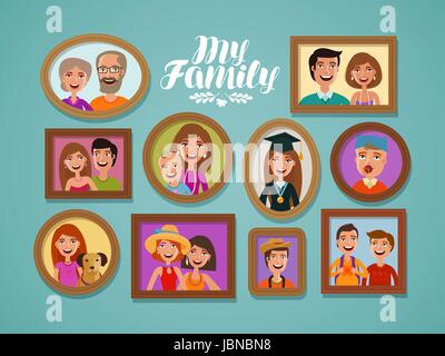 Family photos in frames. People, parents and children concept. Cartoon vector illustration Stock Vector