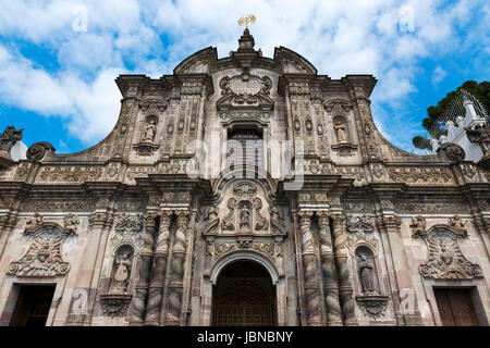 The facade of the Church of the Society of Jesus (La Iglesia de la Compania de Jesus) in the city of Quito, in Ecuador, South America Stock Photo