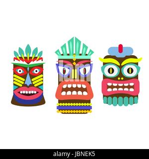 Tiki mask cartoon vector set. Hawaiian bar decorations isolated on white. Stock Vector