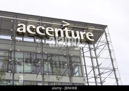 PRAGUE, CZECH REPUBLIC - MAY 22: Accenture global professional services company logo on Czech headquarters building on May 22, 2017 in Prague, Czech r Stock Photo