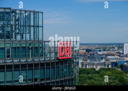 Berlin, Germany - june 9, 2017: The logo of the Deutsche Bahn AG ( German Railroad Company) on top of the Headquarter office building in Berlin, Germa Stock Photo