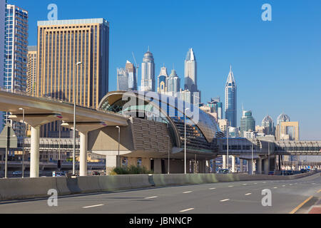 Dubai - The Marina towers and the rails of metro. Stock Photo