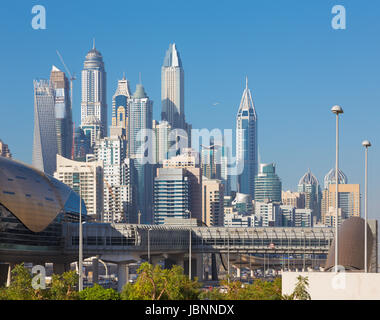 Dubai - The Marina towers and the rails of metro. Stock Photo