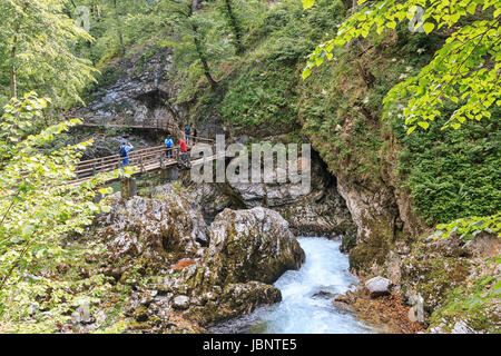 Bled, Slovenia - June 3, 2017: Tourists walking inside the Vintgar Gorge on a wooden path between Bled Lake and Bohinj Lake in Slovenia, Europe. Stock Photo