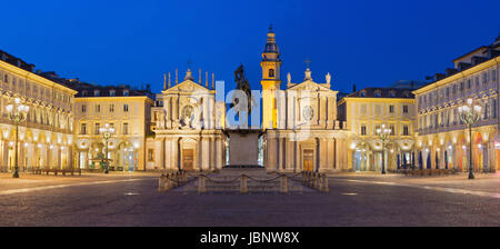 TURIN, ITALY - MARCH 13, 2017: The panorama of Piazza San Carlo square at dusk.