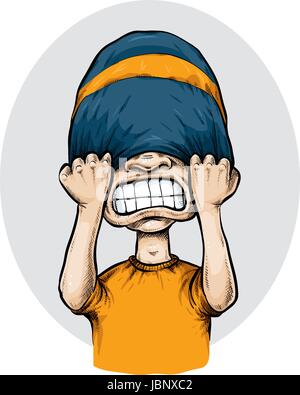 A cartoon man pulls his toque over his eyes in frustration. Stock Vector