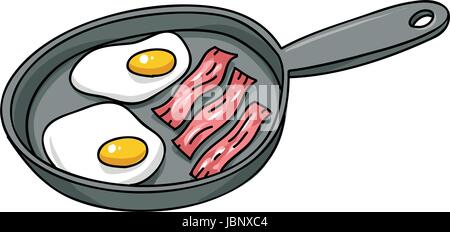 Cartoon bacon and eggs frying in a pan. Stock Vector