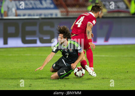 BELGRADE, SERBIA - JUNE 11, 2017: Joe Allen (L) of Wales fights for the ball with Nemanja Gudelj (R) of Serbia during the 2018 FIFA World Cup Qualifie Stock Photo