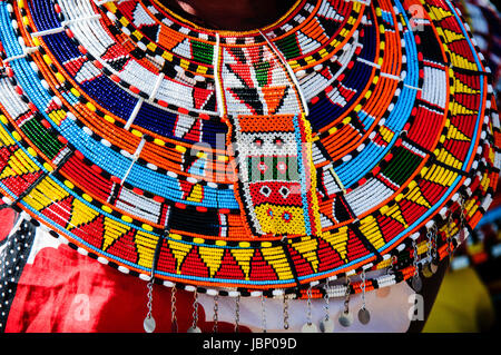 Colorful traditional beaded necklace worn by Samburu Maasai women in Northern Kenya, East Africa Stock Photo