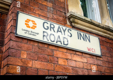 Grays Inn Road street sign on the side of a brick building, London Borough of Camden, London, UK Stock Photo