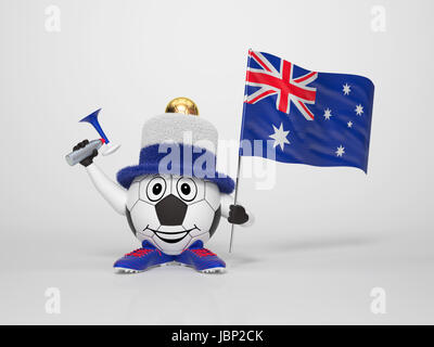 A cute and funny soccer character holding the national flag of Australia and a horn dressed in the colors of Australia on bright background supporting his team Stock Photo