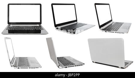 Set of laptops with blank white screens, displayed in angled views ...