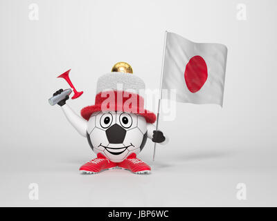 A cute and funny soccer character holding the national flag of Japan and a horn dressed in the colors of Japan on bright background supporting his team Stock Photo