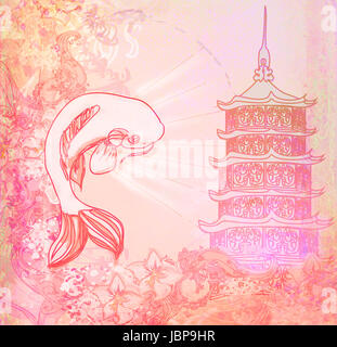 japanese koi and ancient building background Stock Photo