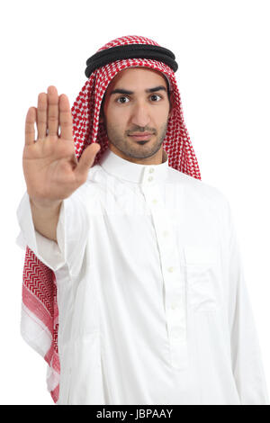 Arab saudi man gesturing stop with his hand isolated on a white background Stock Photo