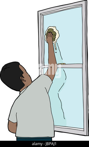 Rear view of Indian man cleaning window Stock Photo