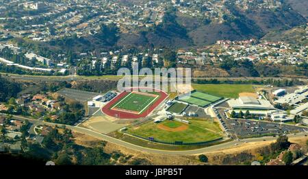 An aerial view of the Clairemont neighborhood in Bay Park, San Diego, southern California, United States of America. A view of the high school football court and softball field. Stock Photo