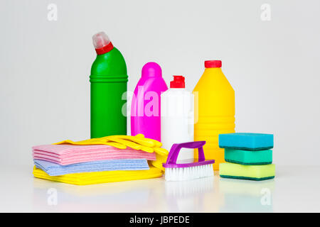 Range of household cleaners. Detergents, chemical bottles, cleaning sponges and gloves. on a white background Stock Photo