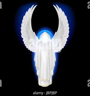 Gods guardian angel in white dress with blue radiance on black background. Archangels image. Religious concept Stock Photo