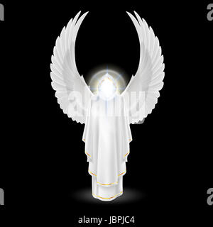 Gods guardian angel in white with wings up on black background. Archangels image. Religious concept Stock Photo