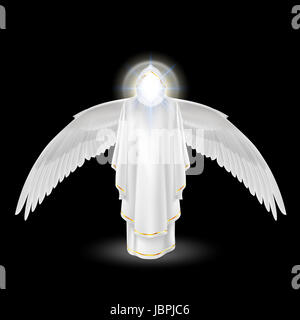 Gods guardian angel in white with wings down on black background. Archangels image. Religious concept Stock Photo