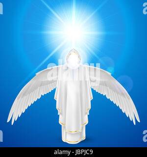 Gods guardian angel in white dress with wings down against sky background and bright sun flare. Religious concept Stock Photo
