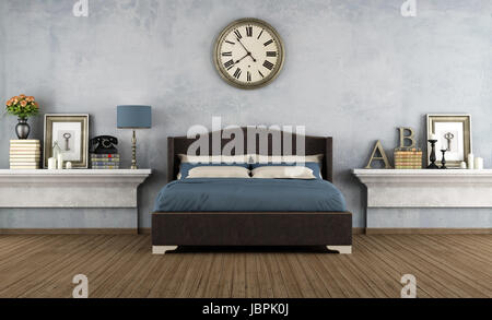 Vintage bedroom with double bed  and retro objects - rendering Stock Photo