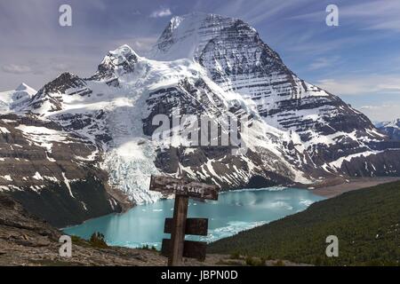 Hiking Trail Sign Posts Mumm Basin Scenic Landscape Aerial View From Above Berg Lake and Mount Robson Glacier Rocky Mountains British Columbia Canada Stock Photo