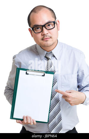 Asian Man hold with clipboard and finger point up Stock Photo - Alamy