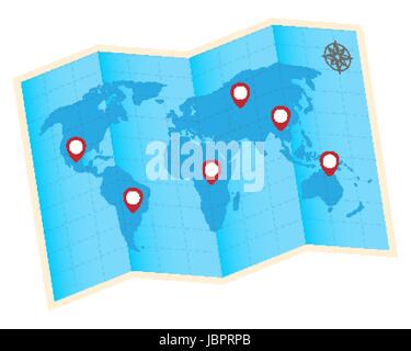 fold world map with red gps icon Stock Vector