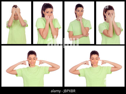 Collage of photos from a woman expressing different emotions isolated on a white background Stock Photo