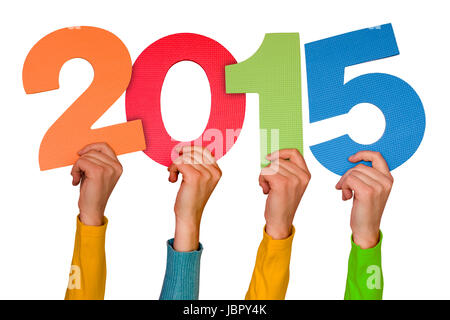 Hands with color numbers shows  year 2015. Isolated on white background Stock Photo