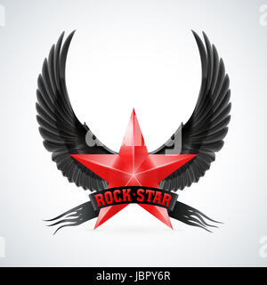 Red star with Rock Star banner and black wings. Illustration on white background Stock Photo