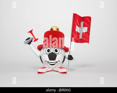 A cute and funny soccer character holding the national flag of Switzerland and a horn dressed in the colors of Switzerland on bright background supporting his team Stock Photo