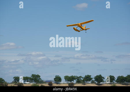 Radio controlled Hydroplane flying over the Guadiana river, Badajoz, Spain Stock Photo