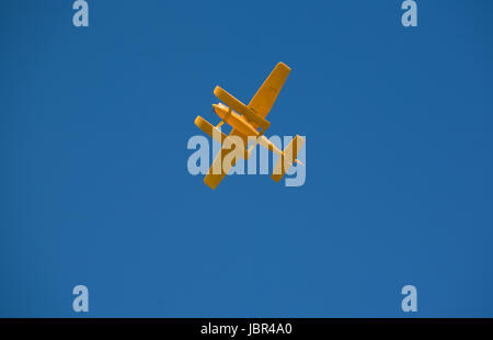 Radio controlled Hydroplane flying over the Guadiana river, Badajoz, Spain Stock Photo