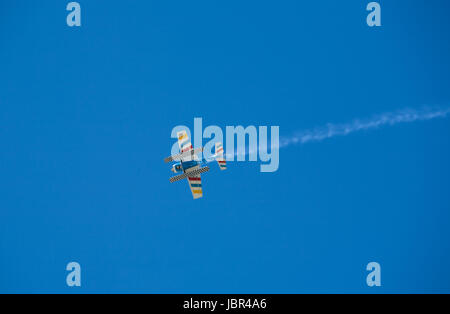 Radio controlled Hydroplane flying over the Guadiana river, Badajoz, Spain Stock Photo