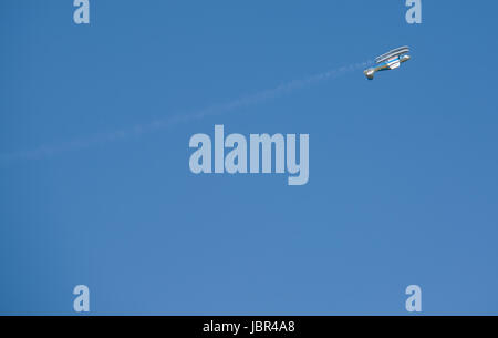 Radio controlled Hydroplane flying over the Guadiana river, Badajoz, Spain Stock Photo
