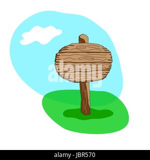 Round cartoon style vector wooden sign standing in grass. Stock Vector