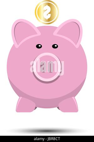 Pig and gold coins isolated on white background. Piggy bank with falling coins in flat design. Gold dollar coin - vector illustration. Stock Vector